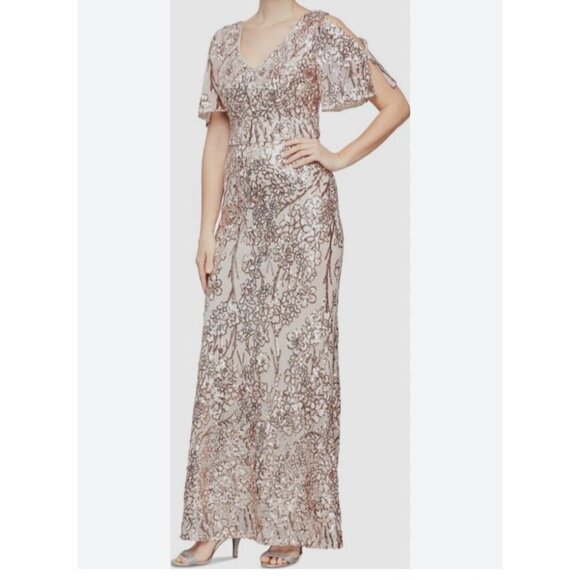 Alex Evenings Womens Size 14 Cream Gold Sequin Embellished Cocktail Formal Dress - Picture 2 of 12